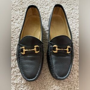 Black Leather Loafers with Gold Buckle